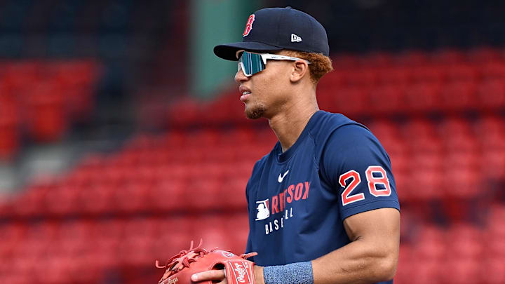 May 16, 2025; Boston, Massachusetts, USA; Boston Red Sox second baseman Kristian Campbell (28) warms up before a game against the Atlanta Braves at Fenway Park. Mandatory Credit: Eric Canha-Imagn Images
