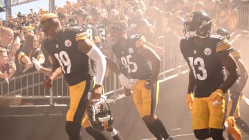 Sep 26, 2021; Pittsburgh, Pennsylvania, USA;  Pittsburgh Steelers wide receivers JuJu Smith-Schuster (19) and Eric Ebron (85) and James Washington (13) exit the tunnel before playing the Cincinnati Bengals at Heinz Field. Mandatory Credit: Philip G. Pavely-USA TODAY Sports