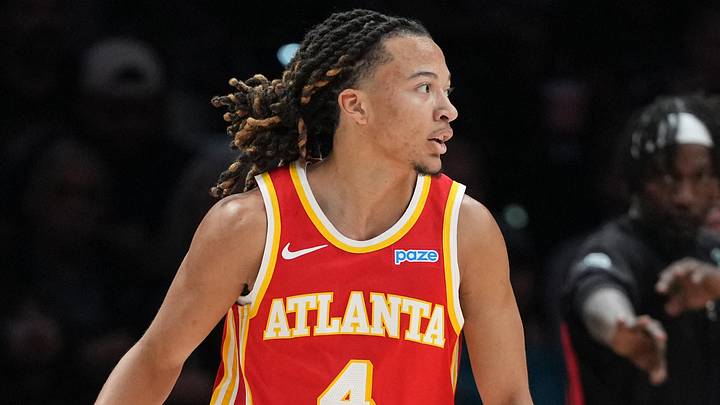 Atlanta Hawks guard Kingston Flemings (4) reacts after scoring a three point basket during the first half against the San Antonio Spurs at Frost Bank Center on October 8, 2026