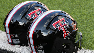 Sep 21, 2024; Lubbock, Texas, USA;  A general view of Texas Tech Red Raiders helmets on the turf before the game between the Arizona State Sun Devils and the Texas Tech Red Raiders at Jones AT&T Stadium and Cody Campbell Field. Mandatory Credit: Michael C. Johnson-Imagn Images