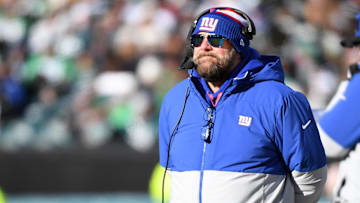 Jan 5, 2025; Philadelphia, Pennsylvania, USA; New York Giants head coach Brian Daboll on the sidelines against the Philadelphia Eagles at Lincoln Financial Field. Mandatory Credit: Eric Hartline-Imagn Images