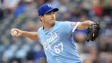 Sep 22, 2024; Kansas City, Missouri, USA; Kansas City Royals starting pitcher Seth Lugo (67) pitches during the first inning against the San Francisco Giants at Kauffman Stadium. Mandatory Credit: Jay Biggerstaff-Imagn Images