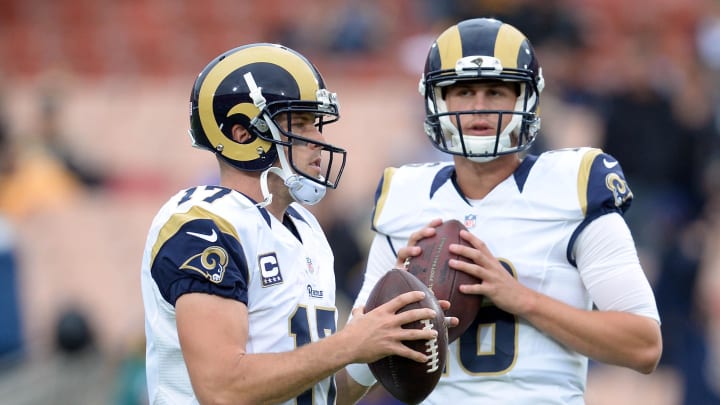 November 20, 2016; Los Angeles, CA, USA;  Los Angeles Rams quarterback Case Keenum (17) with quarterback Jared Goff (16) before playing against the Miami Dolphins at Los Angeles Memorial Coliseum. Mandatory Credit: Gary A. Vasquez-USA TODAY Sports