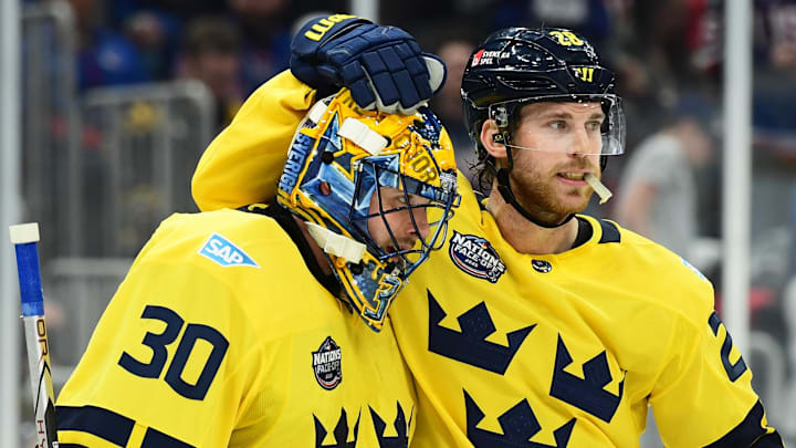 Feb 17, 2025; Boston, MA, USA; [Imagn Images direct customers only]  Team Sweden forward Elias Lindholm (28) congratulates goalie Samuel Ersson (30) after defeating Team USA during a 4 Nations Face-Off ice hockey game at TD Garden. Mandatory Credit: Bob DeChiara-Imagn Images