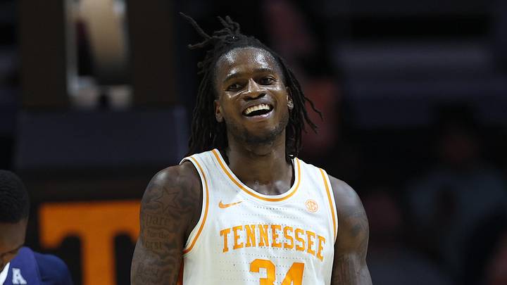 Nov 17, 2025; Knoxville, Tennessee, USA;  Tennessee Volunteers center Felix Okpara (34) reacts to a play against the Rice Owls during the second half at Thompson-Boling Arena at Food City Center. Mandatory Credit: Randy Sartin-Imagn Images