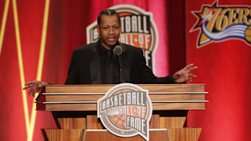 Sep 09, 2016; Springfield, MA, USA; Allen Iverson speaks at the Springfield Symphony Hall during the 2016 Naismith Memorial Basketball Hall of Fame Enshrinement Ceremony. Mandatory Credit: David Butler II-Imagn Images