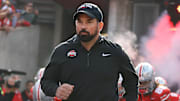 Oct 26, 2024; Columbus, Ohio, USA; Ohio State Buckeyes head coach Ryan Day looks on before the game against the Nebraska Cornhuskers at Ohio Stadium. Mandatory Credit: Joseph Maiorana-Imagn Images