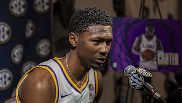 Oct 15, 2024; Birmingham, AL, USA; LSU Tigers guard Cam Carter talks with the media during SEC Media Days at Grand Bohemian Hotel. Mandatory Credit: Vasha Hunt-Imagn Images