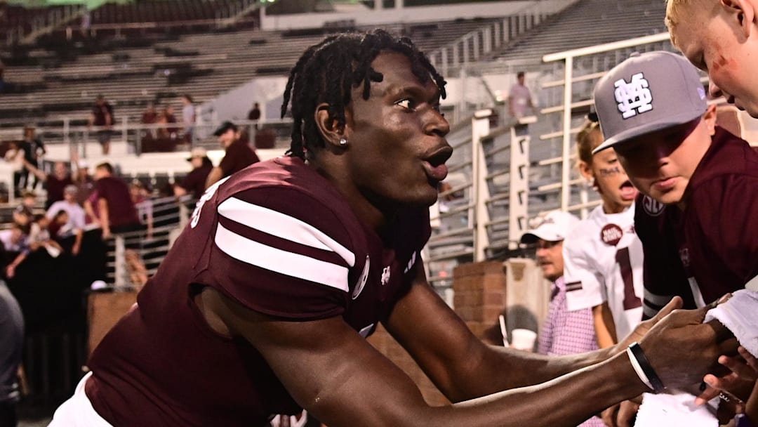 Mississippi State Bulldogs cornerback Kelley Jones (1) reacts with fans after the game against the Eastern Kentucky Colonels at Davis Wade Stadium at Scott Field.