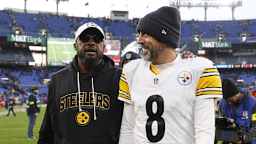 Dec 72025; BaltimoreMarylandUSA; Pittsburgh Steelers head coach Mike Tomlin and quarterback Aaron Rodgers (8) walk off the field after the game against the Baltimore Ravens at M&T Bank Stadium. Mandatory Credit: Peter Casey-Imagn Images
