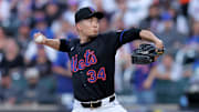 Aug 14, 2025; New York City, New York, USA; New York Mets starting pitcher Kodai Senga (34) pitches against the Atlanta Braves during the first inning at Citi Field. Mandatory Credit: Brad Penner-Imagn Images