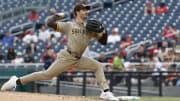Jul 25, 2024; Washington, District of Columbia, USA; San Diego Padres starting pitcher Dylan Cease (84) pitches against the Washington Nationals during the third inning at Nationals Park.