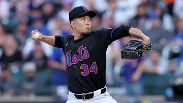 Aug 14, 2025; New York City, New York, USA; New York Mets starting pitcher Kodai Senga (34) pitches against the Atlanta Braves during the first inning at Citi Field. Mandatory Credit: Brad Penner-Imagn Images