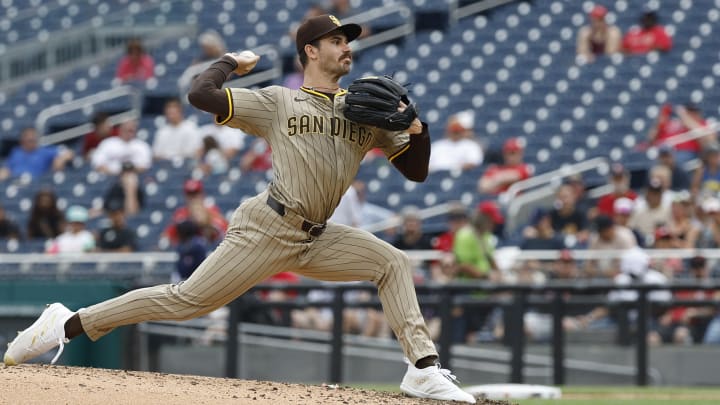 Jul 25, 2024; Washington, District of Columbia, USA; San Diego Padres starting pitcher Dylan Cease (84) pitches against the Washington Nationals during the third inning at Nationals Park.