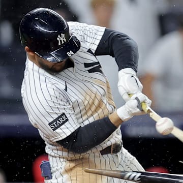 New York Yankees left fielder Jasson Dominguez breaks his bat hitting into a fielder's choice against the Los Angeles Angels.