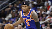 Apr 24, 2025; Detroit, Michigan, USA; New York Knicks guard Miles McBride (2) dribbles in the first half against the Detroit Pistons during game three of first round for the 2024 NBA Playoffs at Little Caesars Arena. Mandatory Credit: Rick Osentoski-Imagn Images