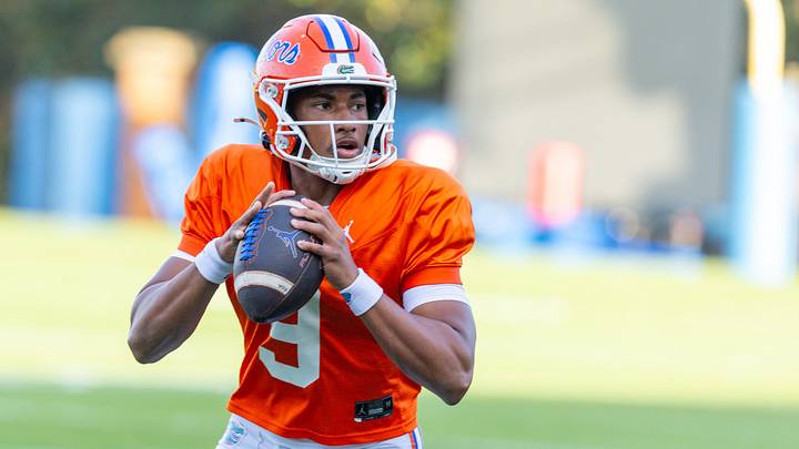 Florida quarterback Tramell Jones Jr. (9) throws during spring practice at Sanders Practice Fields in Gainesville, FL on Tuesday, March 31, 2026. [Alan Youngblood/Gainesville Sun]