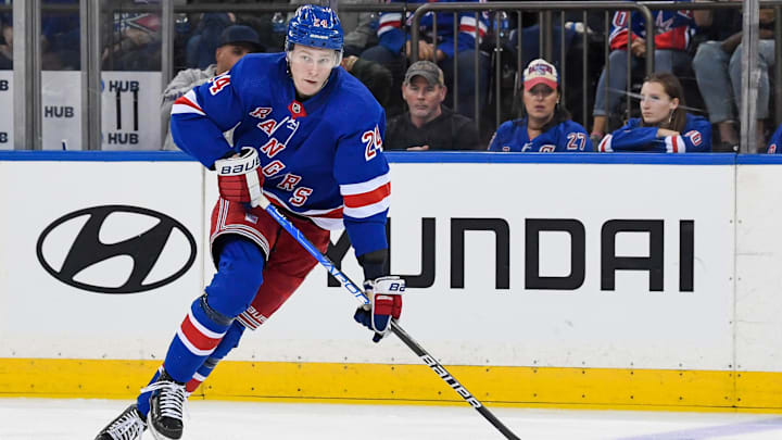 Oct 5, 2023; New York, New York, USA;  New York Rangers right wing Kaapo Kakko (24) skates across the blue line against the Boston Bruins  during the third at Madison Square Garden. Mandatory Credit: Dennis Schneidler-Imagn Images