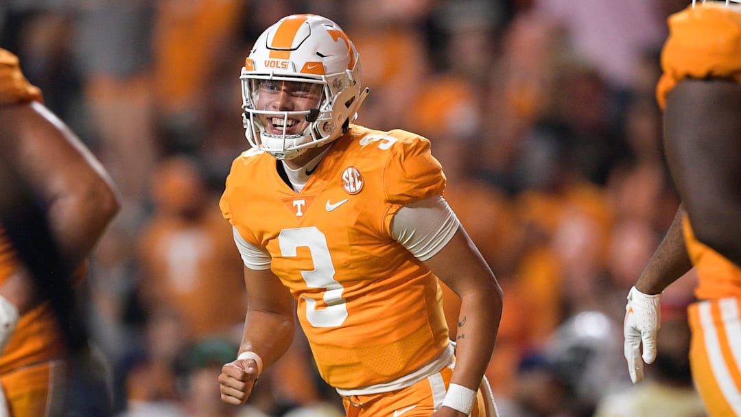 Tennessee quarterback Tayven Jackson (3) celebrates after a touchdown during a game between Tennessee and Akron at Neyland Stadium in Knoxville, Tenn. on Saturday, Sept. 17, 2022.

Kns Utvakron0917