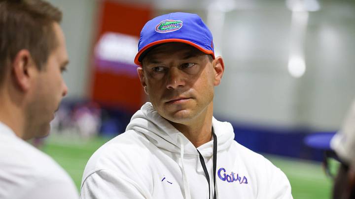 Florida head coach Jon Sumrall talks on the sideline during spring practice at Sanders Practice Fields in Gainesville, FL on Tuesday, April 7, 2026. [Alan Youngblood/Gainesville Sun]