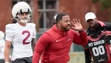 Mar 5, 2025; Tuscaloosa, AL, USA; Coach Maurice Linguist works with defensive backs during Spring Practice for the Crimson Tide.