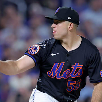 New York City, New York, USA; New York Mets relief pitcher Ryan Helsley (56) follows through on a pitch against the San Francisco Giants during the ninth inning at Citi Field.