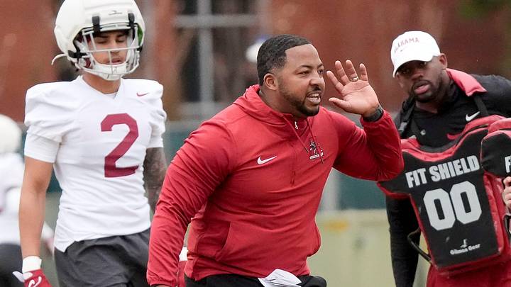 Mar 5, 2025; Tuscaloosa, AL, USA; Coach Maurice Linguist works with defensive backs during Spring Practice for the Crimson Tide.