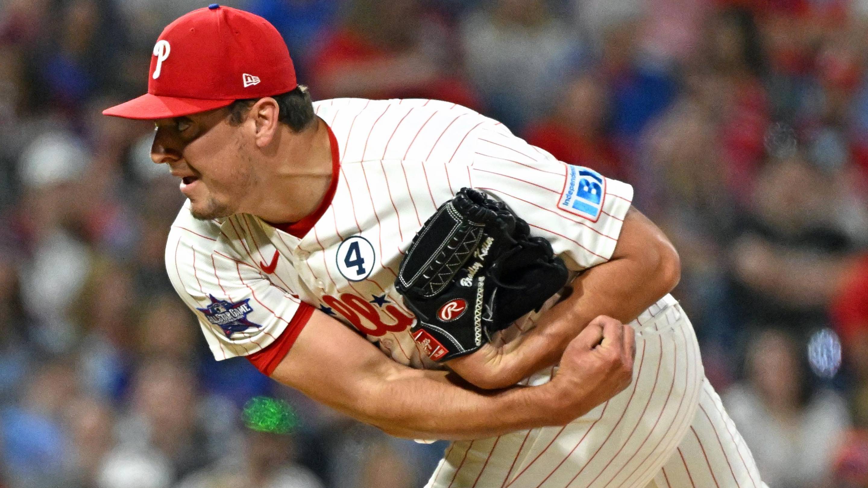 Jun 2, 2026; Philadelphia, Pennsylvania, USA; Philadelphia Phillies pitcher Brad Keller (40) throws a pitch against the San Diego Padres during the eighth inning at Citizens Bank Park.