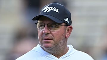 Texas A&M Aggies head coach Mike Elko looks on prior to the game against the Mississippi State Bulldogs at Kyle Field. Mandatory Credit: Maria Lysaker-Imagn Images 