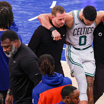 Jayson Tatum tore his Achilles in May during the NBA playoffs. 