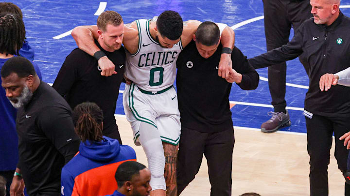 Jayson Tatum tore his Achilles in May during the NBA playoffs. Jayson Tatum tore his Achilles in May during the NBA playoffs.
