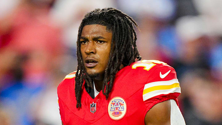 Kansas City Chiefs running back Isiah Pacheco warms up prior to a game against the Detroit Lions