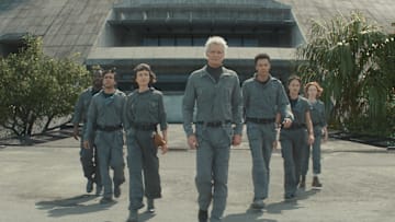 (L-R) Jonathan Ajayi as Smee, Adarsh Gourav as Slightly, Sydney Chandler as Wendy, Timothy Olyphant as Kirsh, Kit Young as Tootles, Erana James as Curly, Lily Newmark as Nibs in Alien: Earth