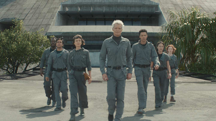 (L-R) Jonathan Ajayi as Smee, Adarsh Gourav as Slightly, Sydney Chandler as Wendy, Timothy Olyphant as Kirsh, Kit Young as Tootles, Erana James as Curly, Lily Newmark as Nibs in Alien: Earth