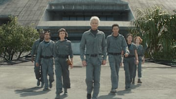 (L-R) Jonathan Ajayi as Smee, Adarsh Gourav as Slightly, Sydney Chandler as Wendy, Timothy Olyphant as Kirsh, Kit Young as Tootles, Erana James as Curly, Lily Newmark as Nibs in Alien: Earth. Image: FX