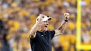 Oct 25, 2025; Tempe, Arizona, USA; Houston Cougars head coach Willie Fritz celebrates a touchdown against the Arizona State Sun Devils in the first half at Mountain America Stadium. 