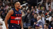Nov 25, 2025; Washington, District of Columbia, USA; Washington Wizards guard CJ McCollum (3) reacts after making a three point field goal against the Atlanta Hawks in the first half at Capital One Arena. Mandatory Credit: Geoff Burke-Imagn Images