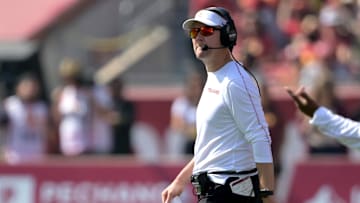 Oct 12, 2024; Los Angeles, California, USA;  USC Trojans head coach Lincoln Riley during a time out against the Penn State Nittany Lions in the first half at United Airlines Field at Los Angeles Memorial Coliseum. Mandatory Credit: Jayne Kamin-Oncea-Imagn Images
