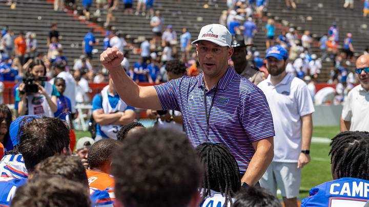 Florida head coach Jon Sumrall speaks to the team after the Orange and Blue game at Steve Spurrier Field at Ben Hill Griffin Stadium in Gainesville, FL on Saturday, April 11, 2026. [Alan Youngblood/Gainesville Sun]