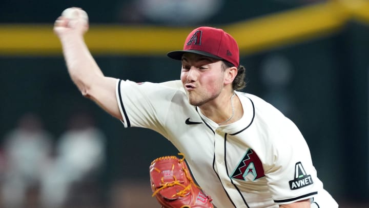 Jun 13, 2024; Phoenix, Arizona, USA; Arizona Diamondbacks pitcher Brandon Pfaadt (32) pitches against the Los Angeles Angels during the first inning at Chase Field. Mandatory Credit: Joe Camporeale-USA TODAY Sports