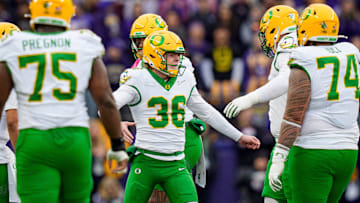 Oregon kicker Atticus Sappington celebrates a field goal as the Oregon Ducks take on the Washington Huskies on Nov. 29, 2025, at Husky Stadium in Seattle, Washington.