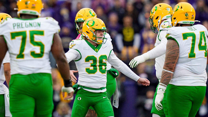Oregon kicker Atticus Sappington celebrates a field goal as the Oregon Ducks take on the Washington Huskies on Nov. 29, 2025, at Husky Stadium in Seattle, Washington.