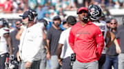 Sep 21, 2025; Jacksonville, Florida, USA; Houston Texans head coach DeMeco Ryans watches the replay of an interception in the 4th quarter against the Jacksonville Jaguars at EverBank Stadium. Mandatory Credit: Travis Register-Imagn Images