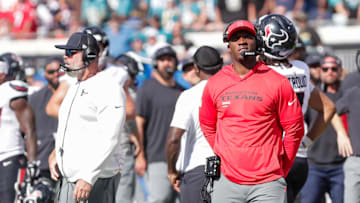 Sep 21, 2025; Jacksonville, Florida, USA; Houston Texans head coach DeMeco Ryans watches the replay of an interception in the 4th quarter against the Jacksonville Jaguars at EverBank Stadium. Mandatory Credit: Travis Register-Imagn Images