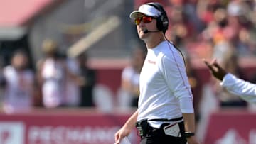 Oct 12, 2024; Los Angeles, California, USA;  USC Trojans head coach Lincoln Riley during a time out against the Penn State Nittany Lions in the first half at United Airlines Field at Los Angeles Memorial Coliseum. Mandatory Credit: Jayne Kamin-Oncea-Imagn Images