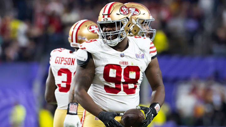 Feb 11, 2024; Paradise, Nevada, USA; San Francisco 49ers defensive tackle Javon Hargrave (98) celebrates a fumble recovery against the Kansas City Chiefs in Super Bowl LVIII at Allegiant Stadium. Mandatory Credit: Mark J. Rebilas-Imagn Images