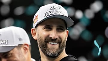 Feb 9, 2025; New Orleans, LA, USA;  Philadelphia Eagles head coach Nick Sirianni celebrates after defeating the Kansas City Chiefs during Super Bowl LIX at Ceasars Superdome. Mandatory Credit: Mark J. Rebilas-Imagn Images