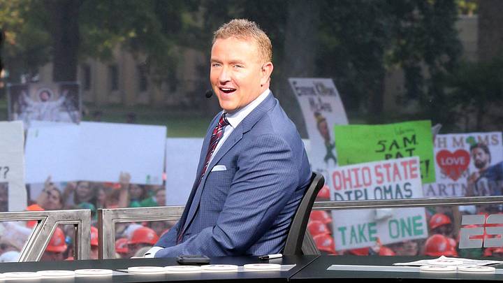 ESPN host Kirk Herbstreit smiles before the ESPN College GameDay show on Saturday, Sept. 23, 2023, on the Hesburgh Library lawn on the University of Notre Dame campus in South Bend. The show was to highlight the Notre Dame-Ohio State game.