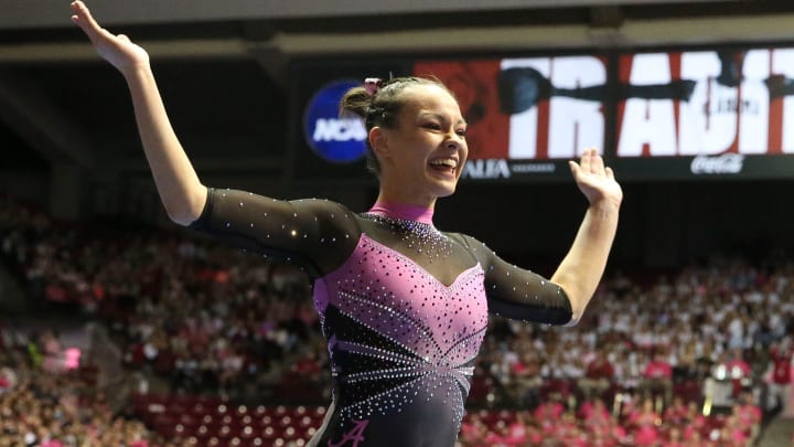 Alabama gymnast Shallon Olsen celebrates after completing her beam performance in the Power of Pink meet with the University of Georgia Friday, Feb. 11, 2022, in Coleman Coliseum. Alabama won the meet with a score of 197.475 to 196.800.

Power Of Pink Meet Alabama Vs Georgia