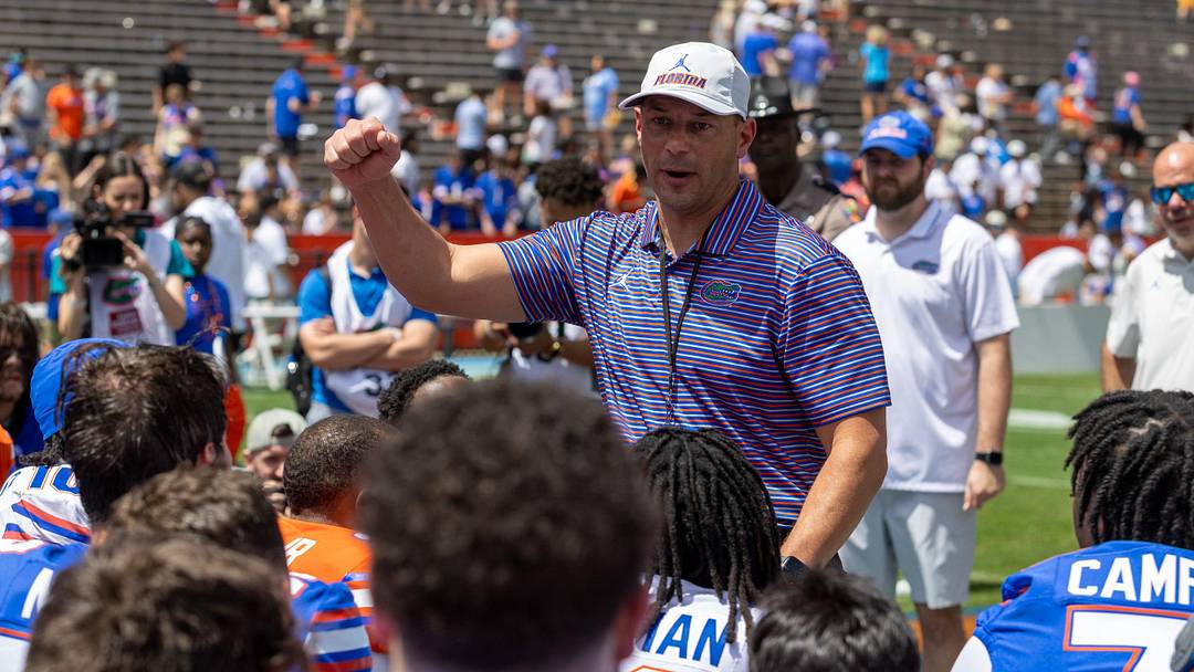Florida head coach Jon Sumrall speaks to the team after the Orange and Blue game at Steve Spurrier Field at Ben Hill Griffin Stadium in Gainesville, FL on Saturday, April 11, 2026. [Alan Youngblood/Gainesville Sun]